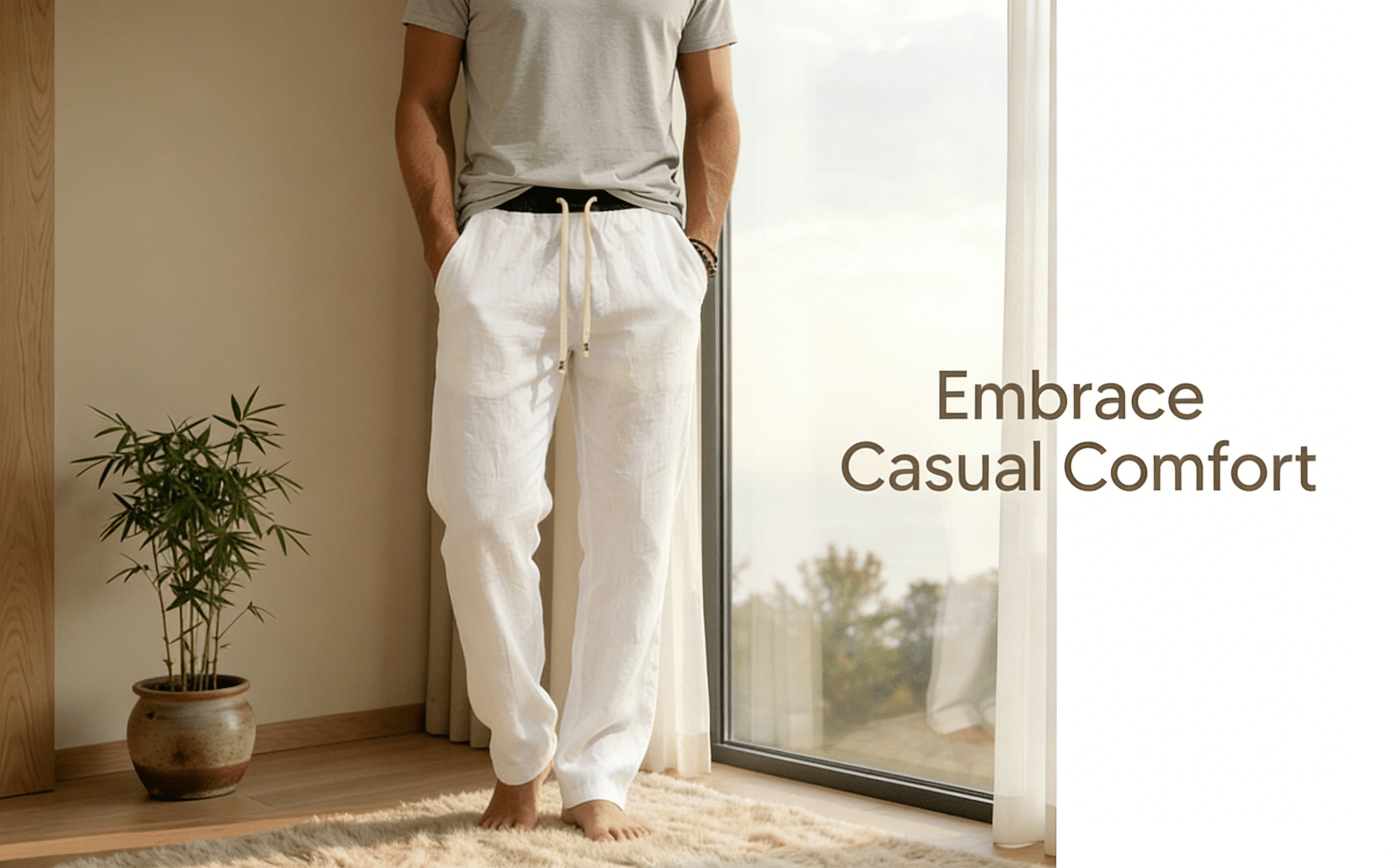 Men's Summer Linen Casual Pants with Contrast-Color Waistband and Drawstring, Breathable and Draping Straight-Leg Cut, Loose-Fitting and Non-Stuffy, Available in Multiple Colors, Suitable for Daily Commuting, Home, and Beach Vacations