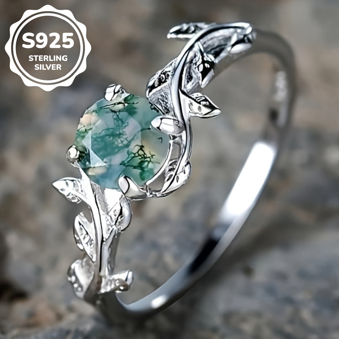 

925 Sterling Silver Round Water Grass Agate Ring, Valentine's Day Gift For Women