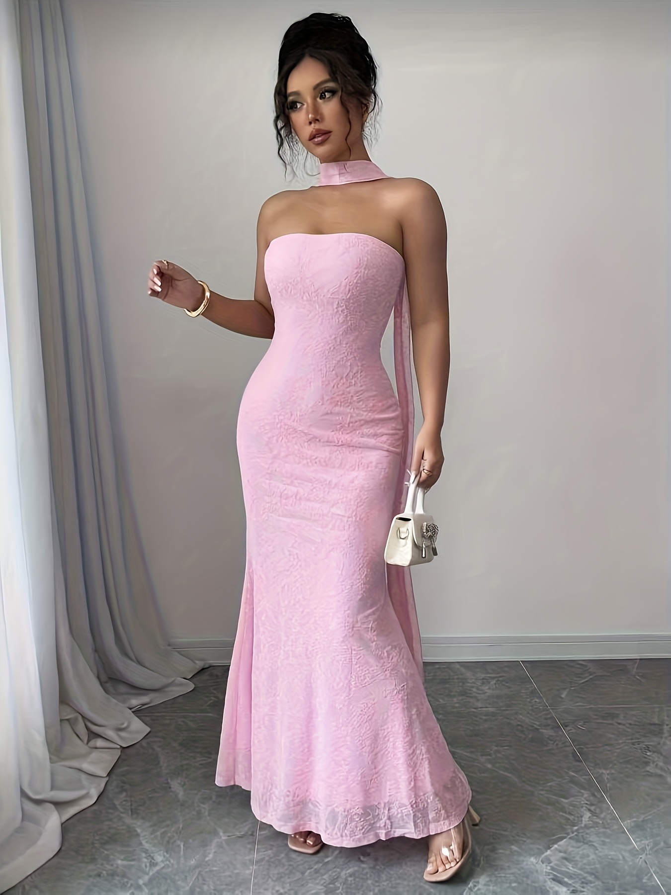 womens fashion soft pink lace halter neck long dress evening - Temu New  Zealand