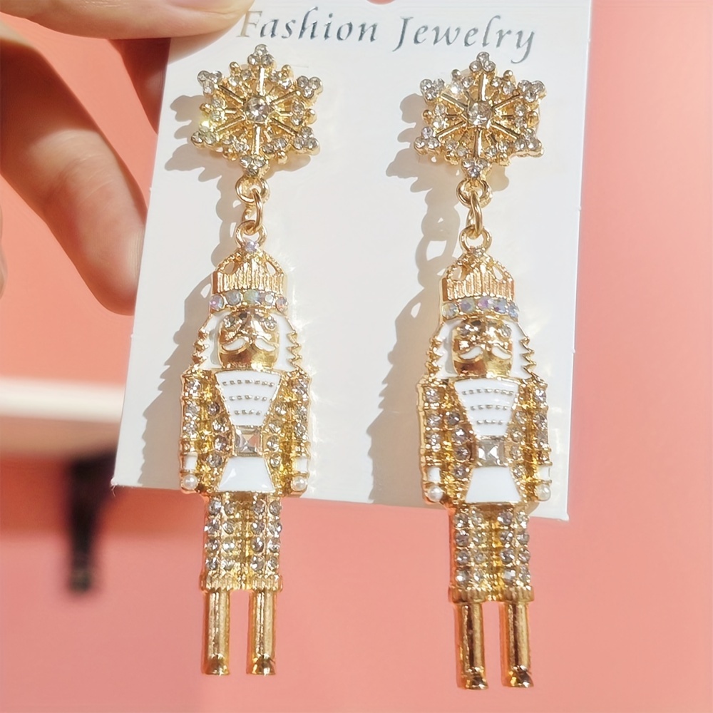 TEMU Bohemian Handmade Rice Bead Rhinestone Nutcracker Dangle Earrings, Elegant And Cute Soldier Style For Holiday Parties, Vacations, Women's
