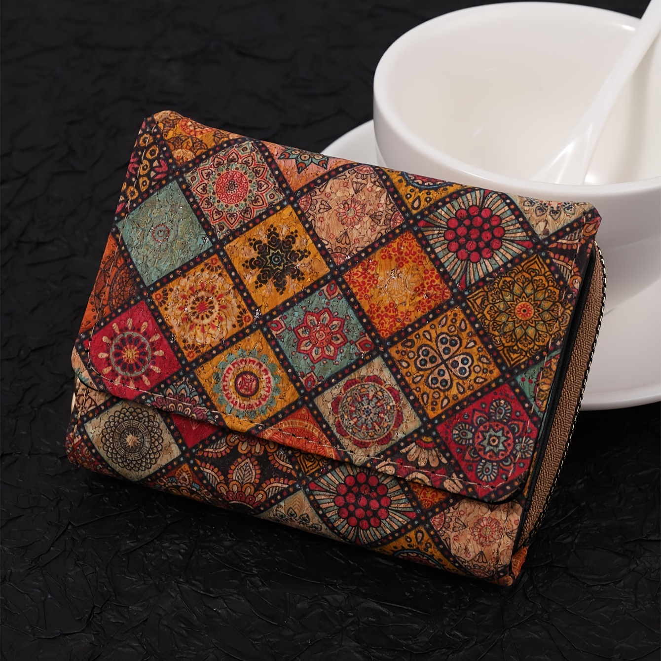 Image of New Retro Wood Grain Short Wallet Multifunctional Zipper Trifold Snap Button Unisex Fashion Portable Card Holder