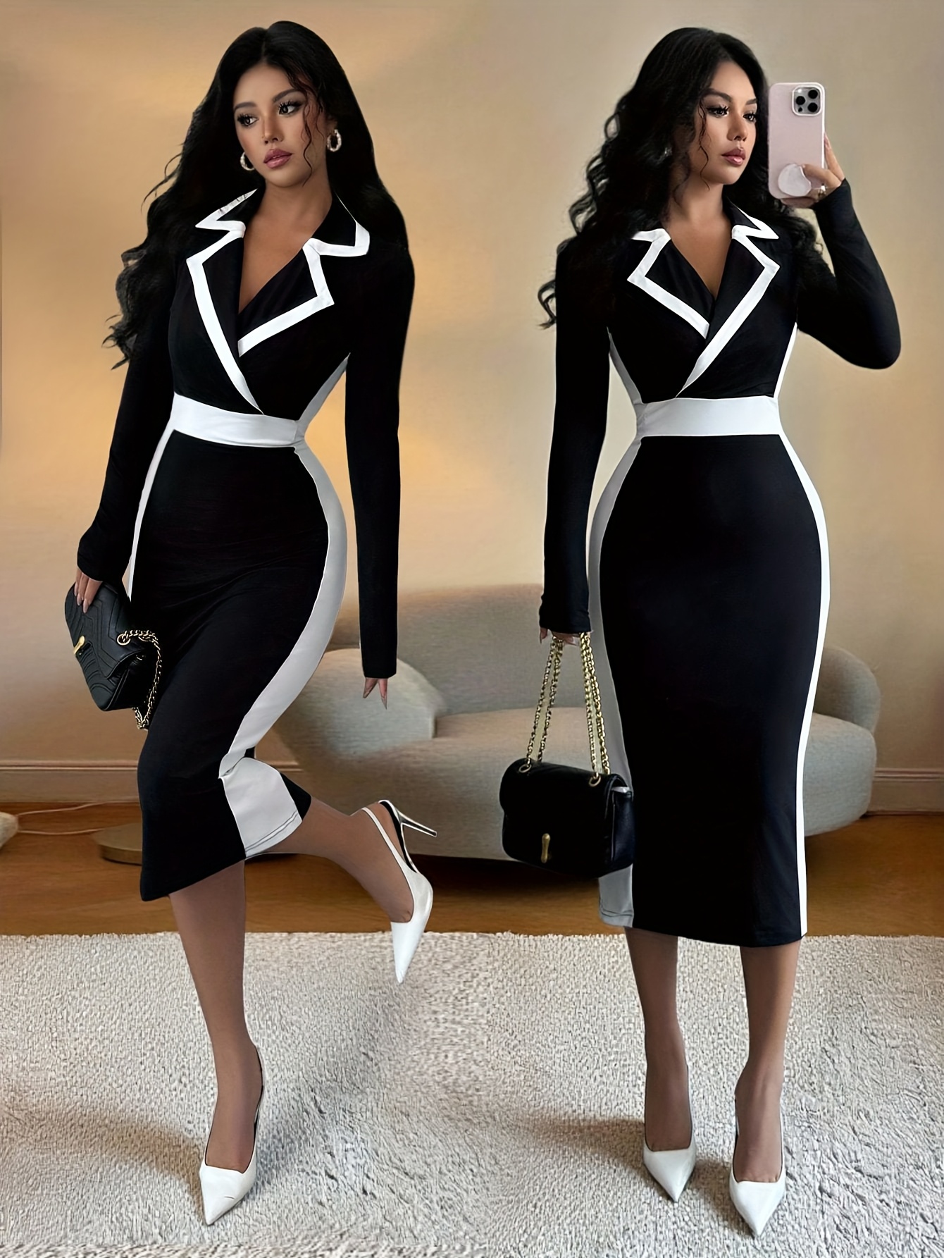 womens contrast color elegant dress office bachelorette - Temu Mauritius