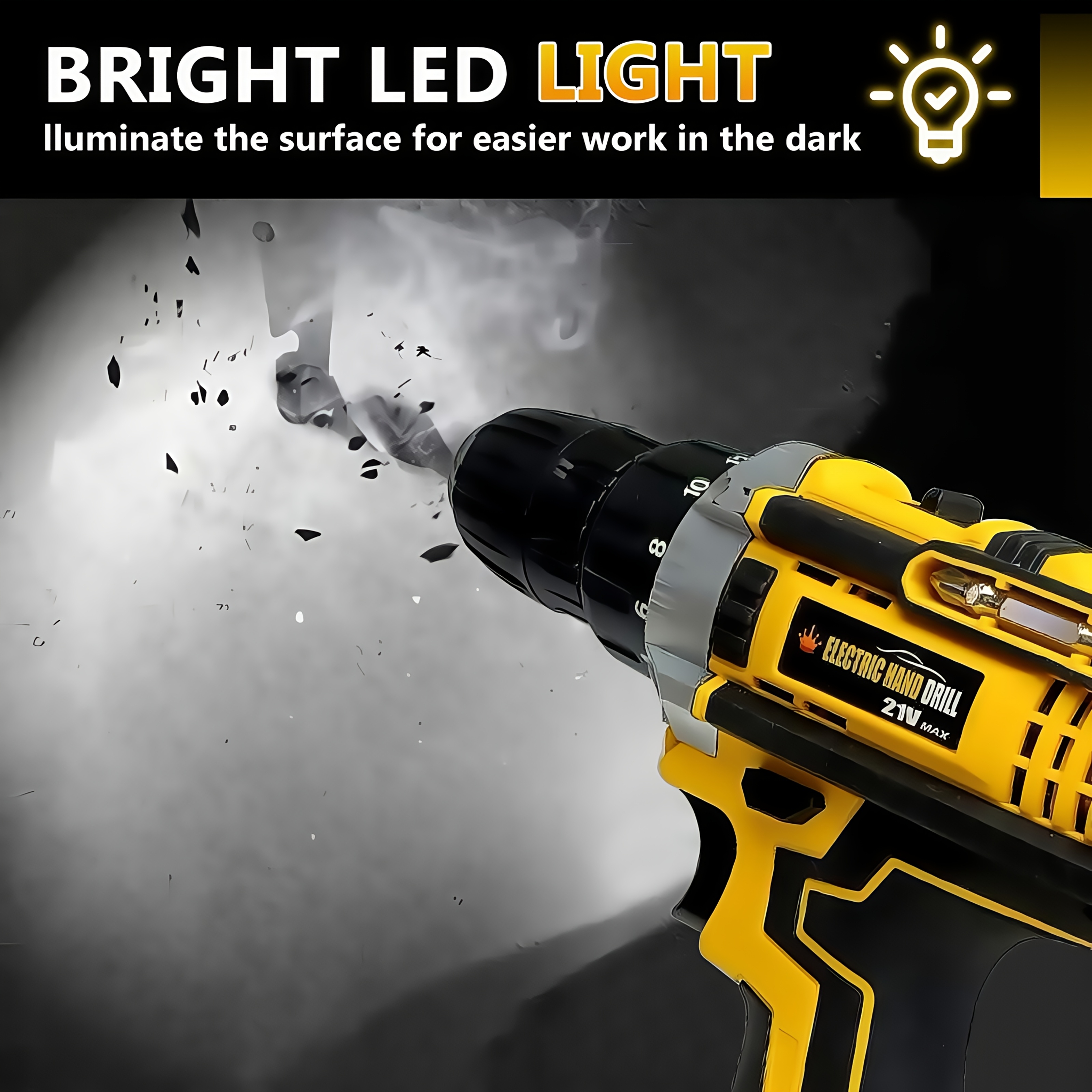 lithium ion cordless drill kit drill set with battery and charger 3 8 inch keyless   variable speed 16 position adjustment and 24 drill bits red yellow blue color scheme ergonomically   household power tool Product details 6