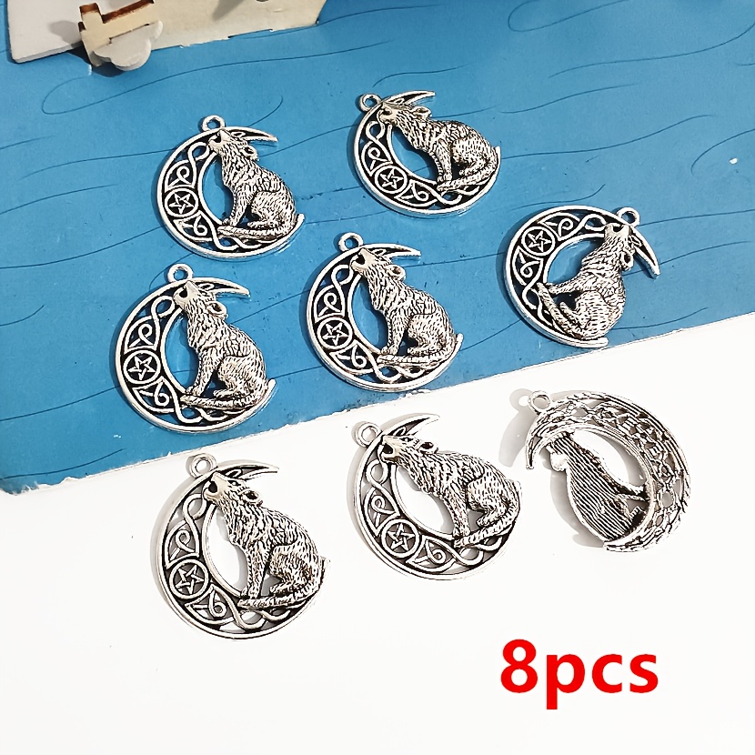 8pcs Wolf And Moon Pendants Alloy Charms For Diy Necklace Bracelet Jewelry Making Crafting Accessories