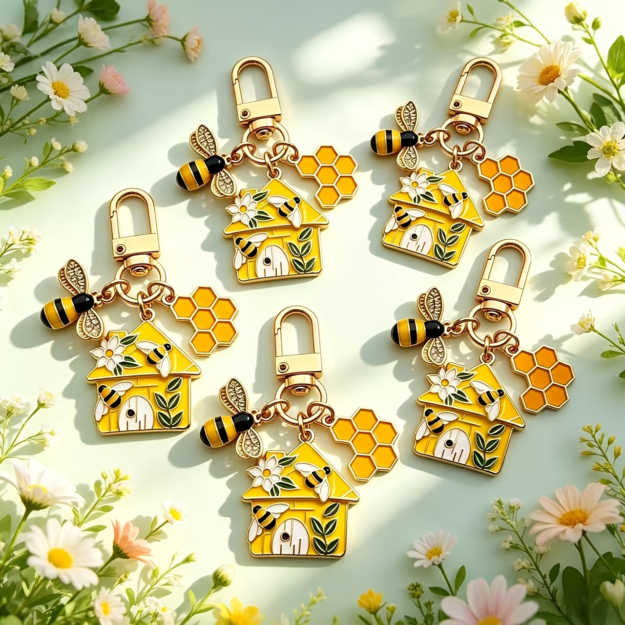 TEMU 5pcs Honeycomb Keychain Set, Enamel Metal Pendants, Cute Ins-style School Bag Charms