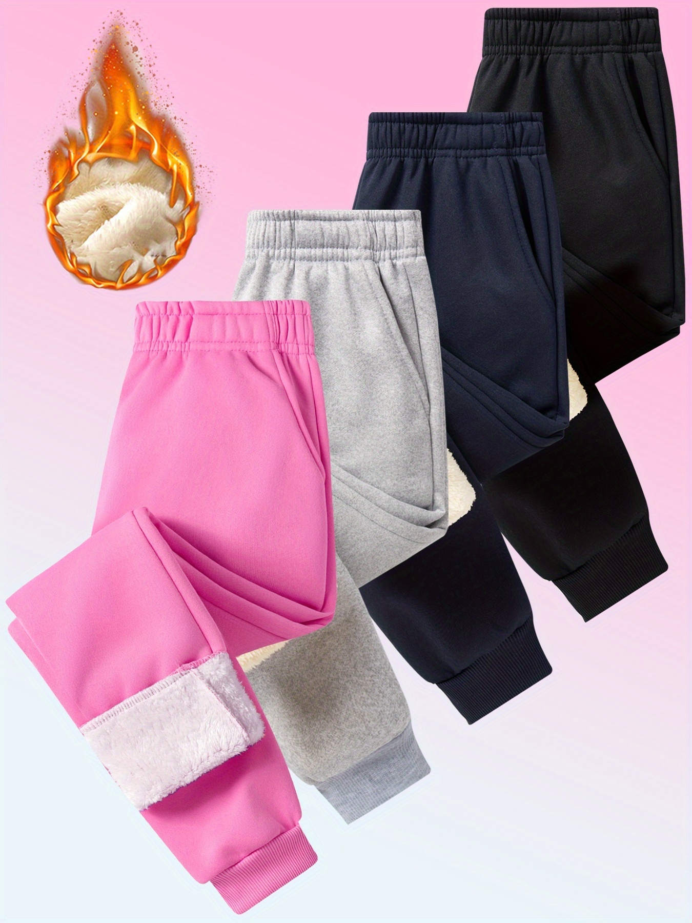 Girls' 4pcs Solid Color Cuffed Jogger Pants Set