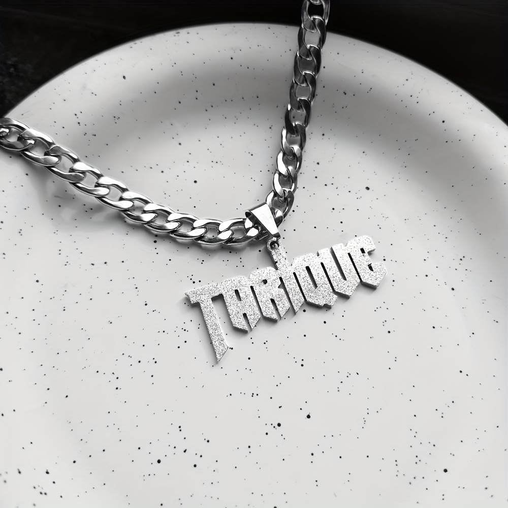 TEMU Customize 4mm Cuban Chain Name Necklace, Personalized Frosted Name Necklace, Stainless Steel Glittered Nameplate Pendant Necklace, Hip Hop Rock