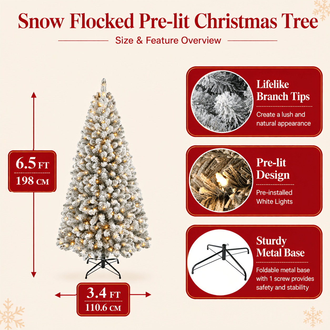 TEMU 1.98m Pre Lit Snow Flocked Artificial Christmas Tree, 200 Warm White Led Lights, 13 Light , 628 Snowy Branch Tips, Realistic Snow Covered Look,