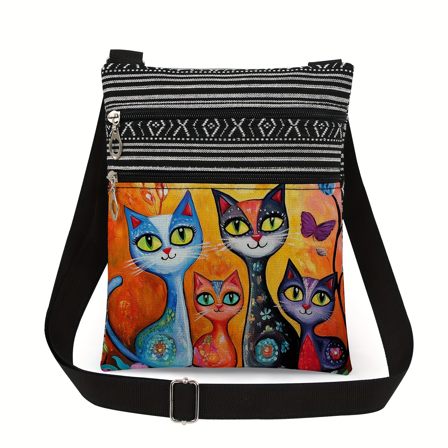 Image of Random Black And White Striped Position Cute Cartoon Cat Print Crossbody Bag, Women's Outdoor Portable Storage Shoulder Bag
