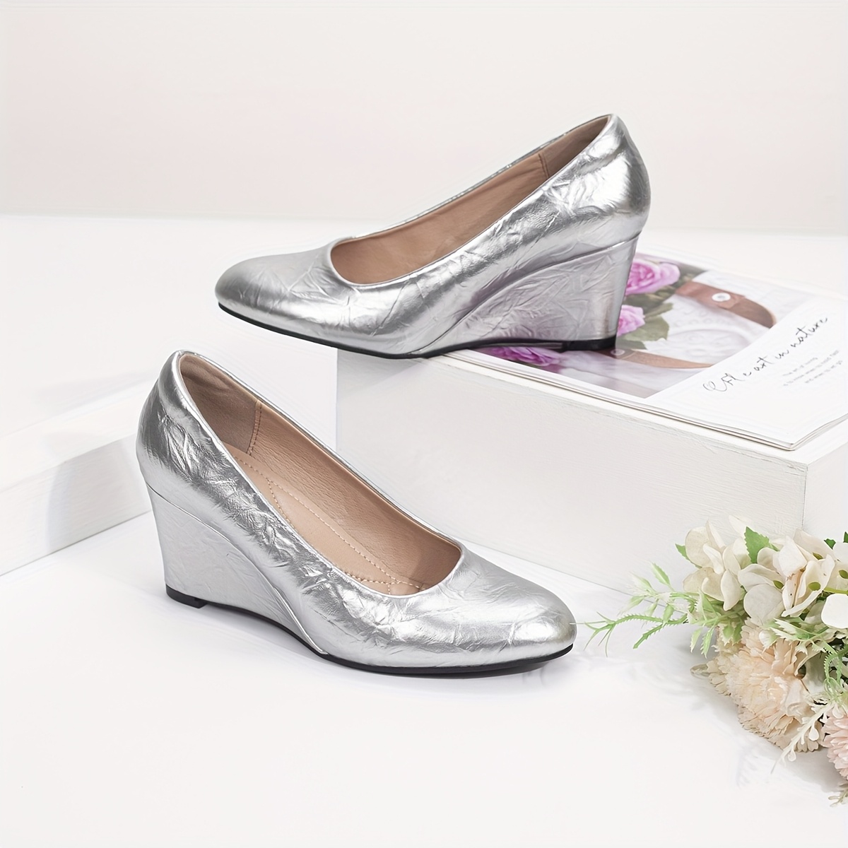 zapato cuña mujer plata cabeza redonda zapatos Temu Chile