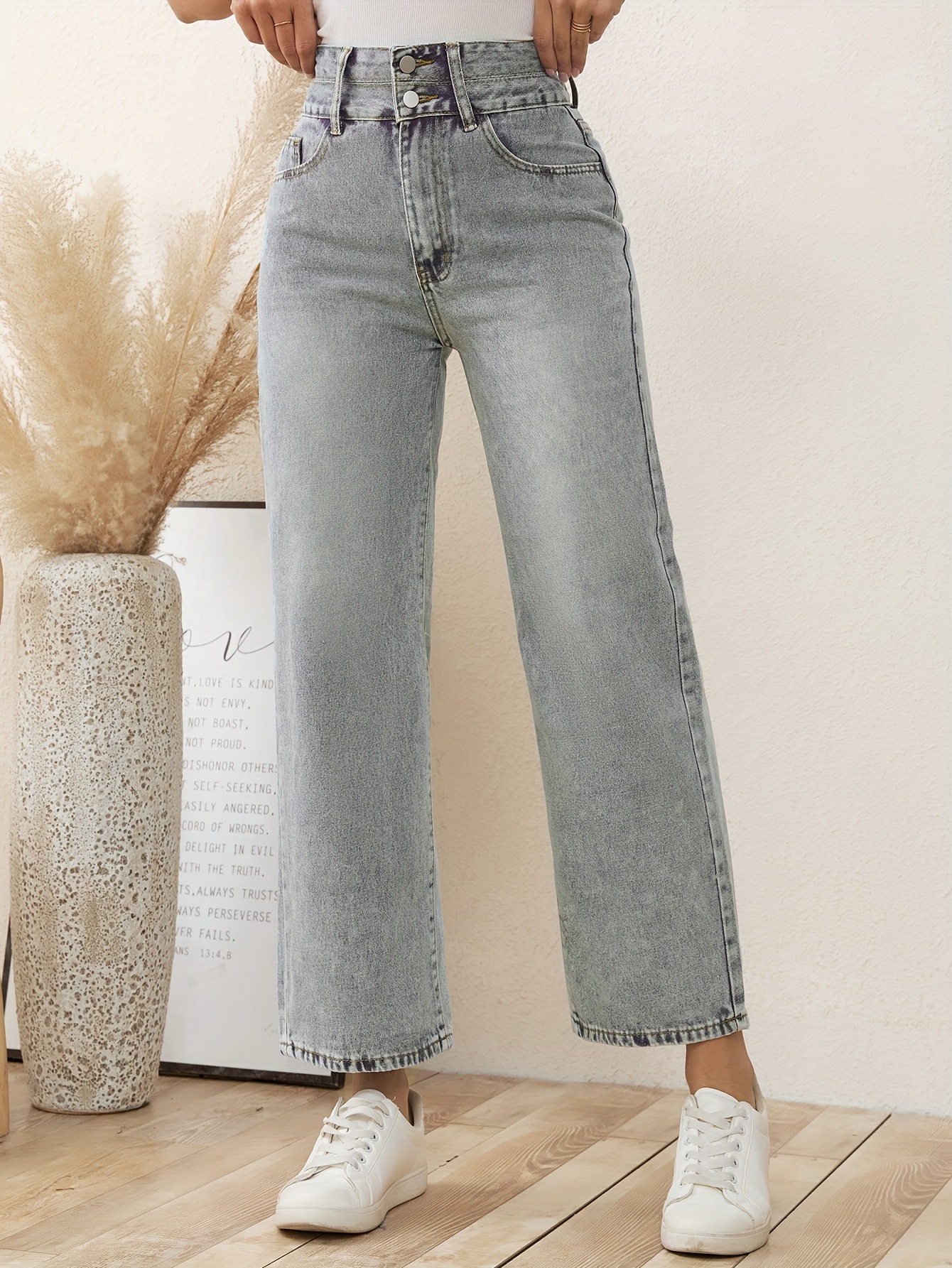 Double Button High Mom Jeans Light Washed Blue Slash - Temu South