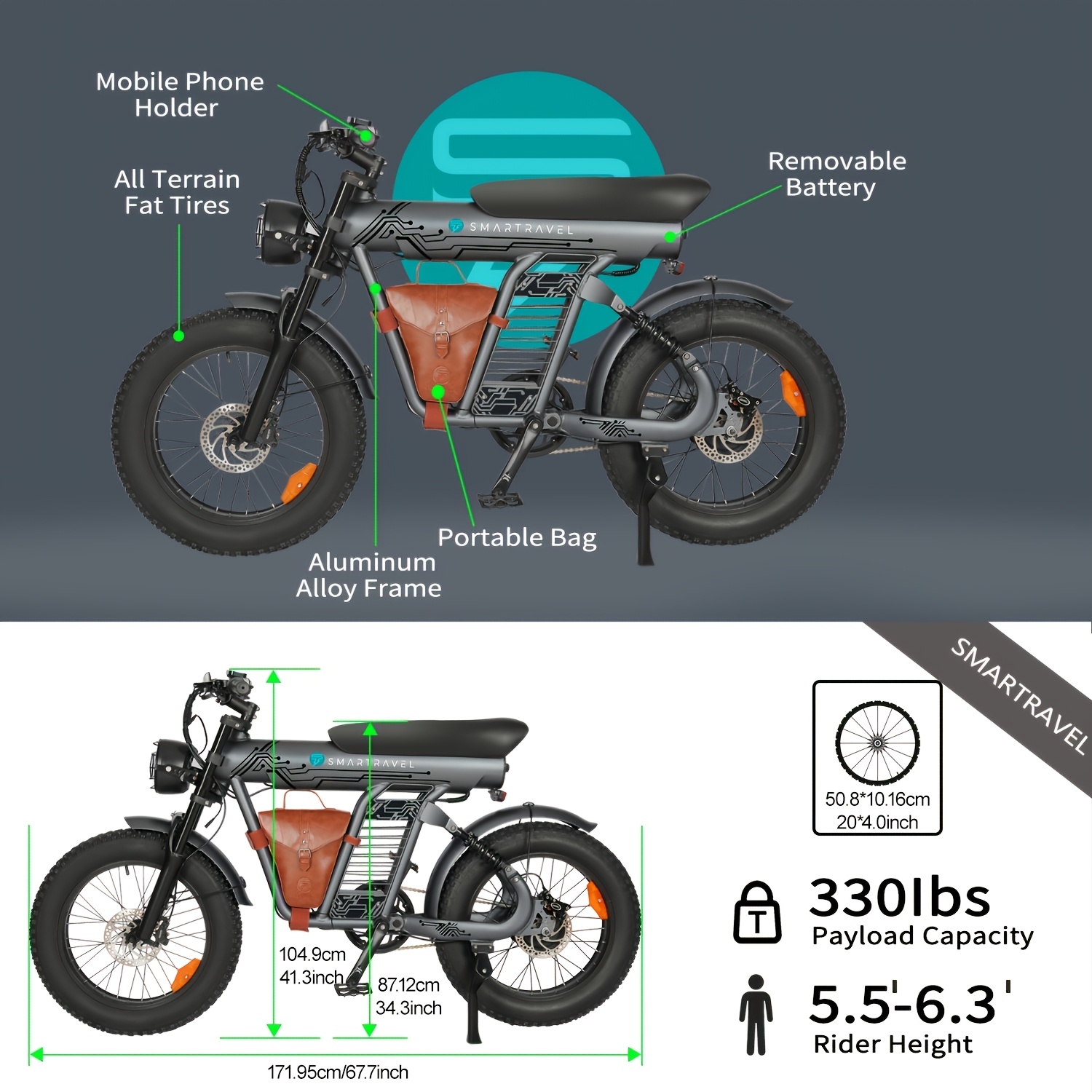 20 fat tire electric bike for adults 749w   motor 48v 25ah removable battery 19   aluminum frame with phone holder   terrain   e bike for city commuting beach riding outdoor travel perfect easter gift for men women Product details 3