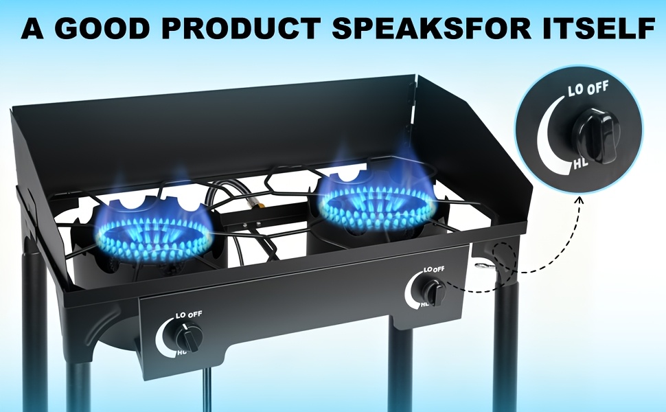 Cast Iron Outdoor Gas Stove | Portable Propane Cooktop with Blue Flame Control, Removable Legs, Temperature Control Knobs, Wind Panel, Hose, Regulator & Storage Carry Case
