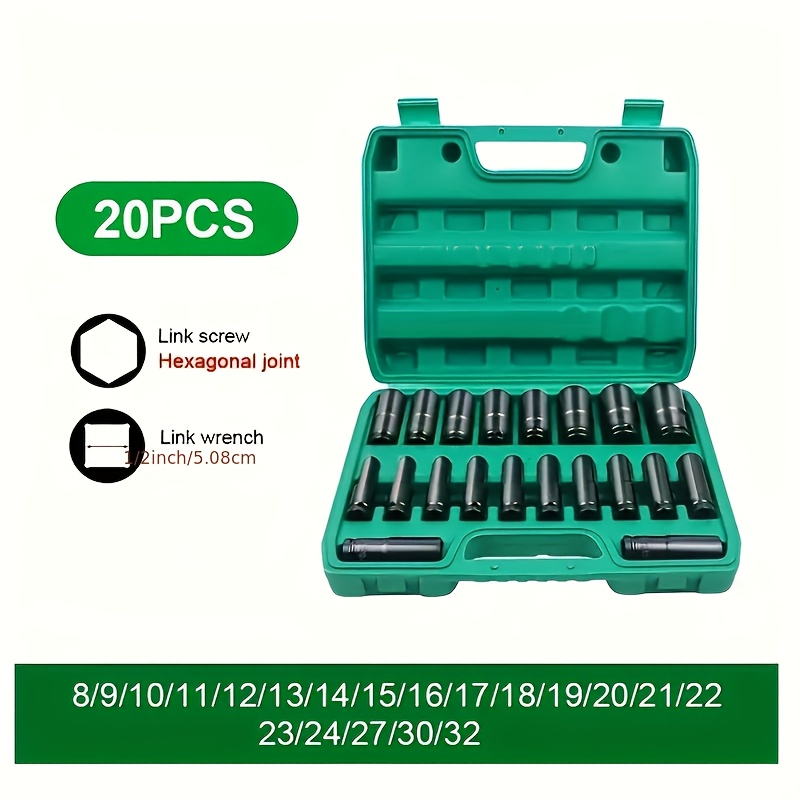 TEMU 20pcs 1/2 "drive Metric Deep Impact Sleeve Set, Cr- Metric Sleeve Set 8mm-32mm, Extended Pneumatic Hex Socket Electric Wrench Socket, Without Battery