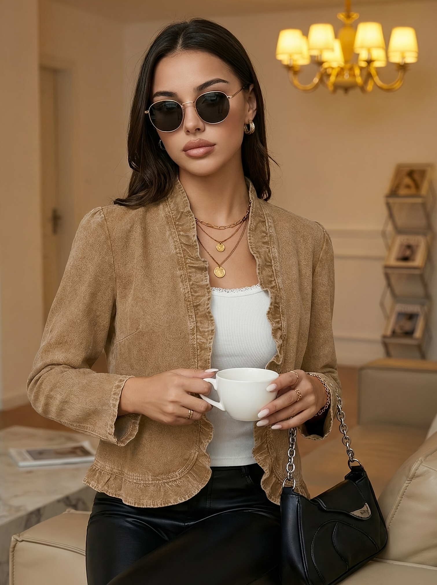 Womens Fashion Casual Brown Denim Jacket Womens