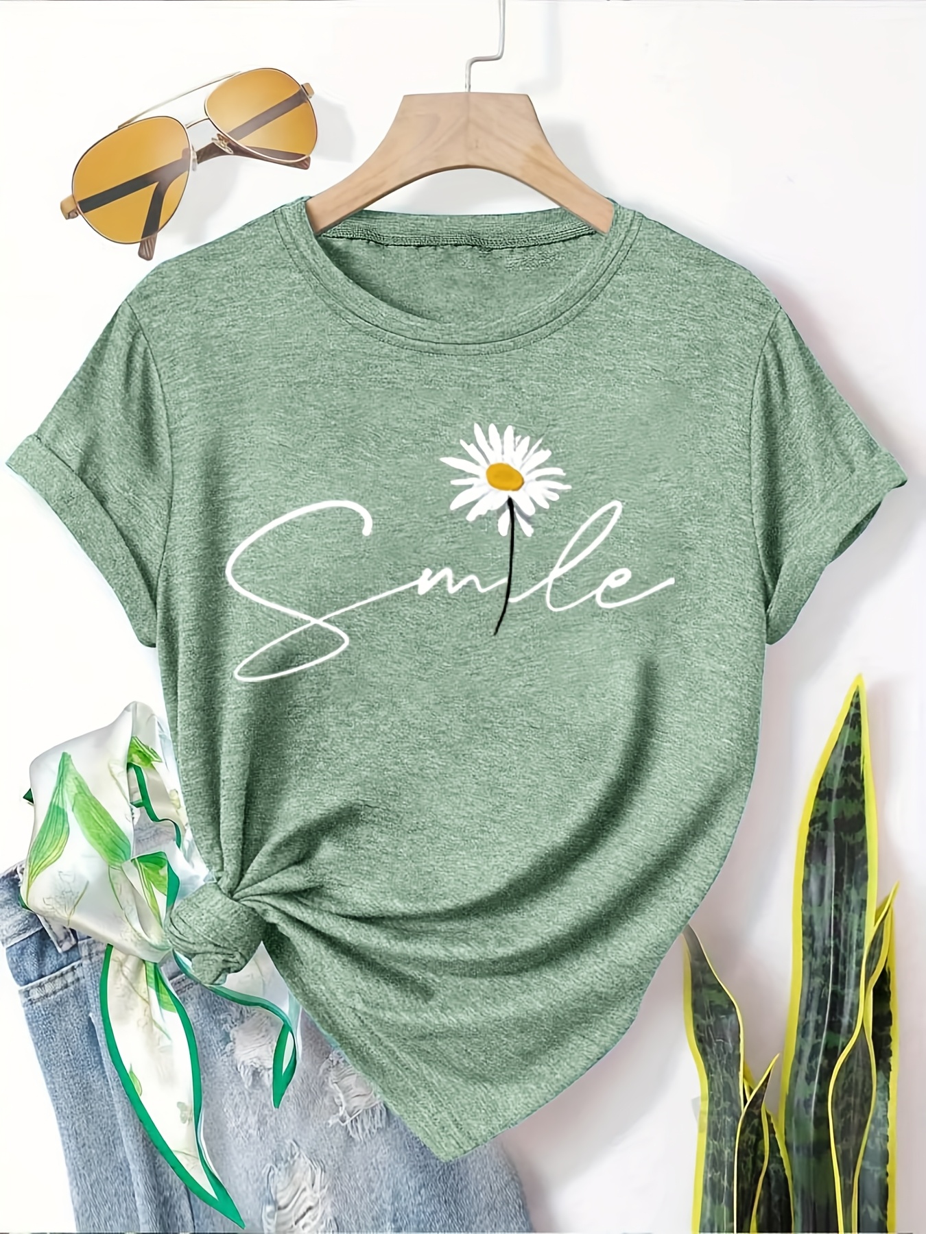 5pcs womens casual short sleeve t shirts summer round neck geometric print tees with dandelion floral     options breathable machine washable fabric cute t shirts everyday outfit     printed   adults Product details 15