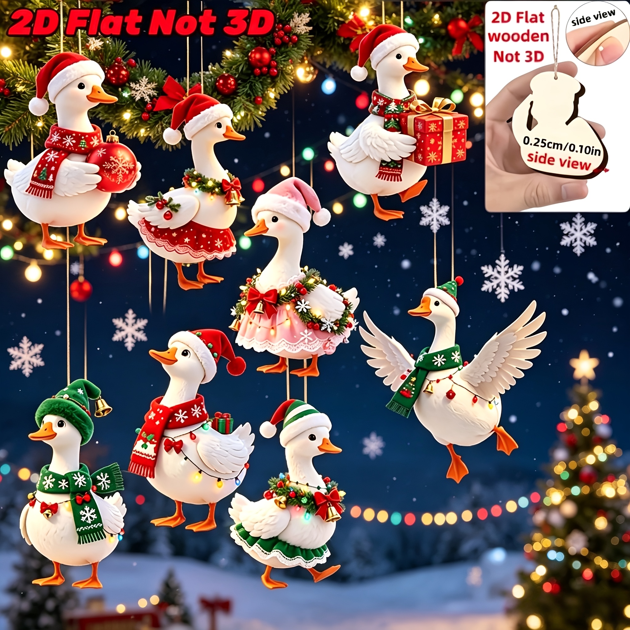 TEMU 2d Flat, 8pcs Set Of Christmas Porch Goose Wooden Ornaments, Porch Geese Wearing Different Christmas Costume Designs, Christmas Tree Hangings,
