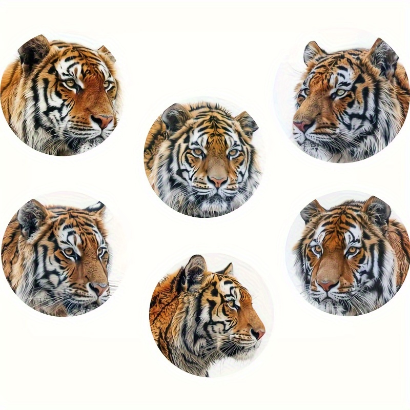 

6pcs Tiger Print Wooden Coasters, Heat-resistant Round Beverage Mats For Coffee Use, Animal Desktop Accessories