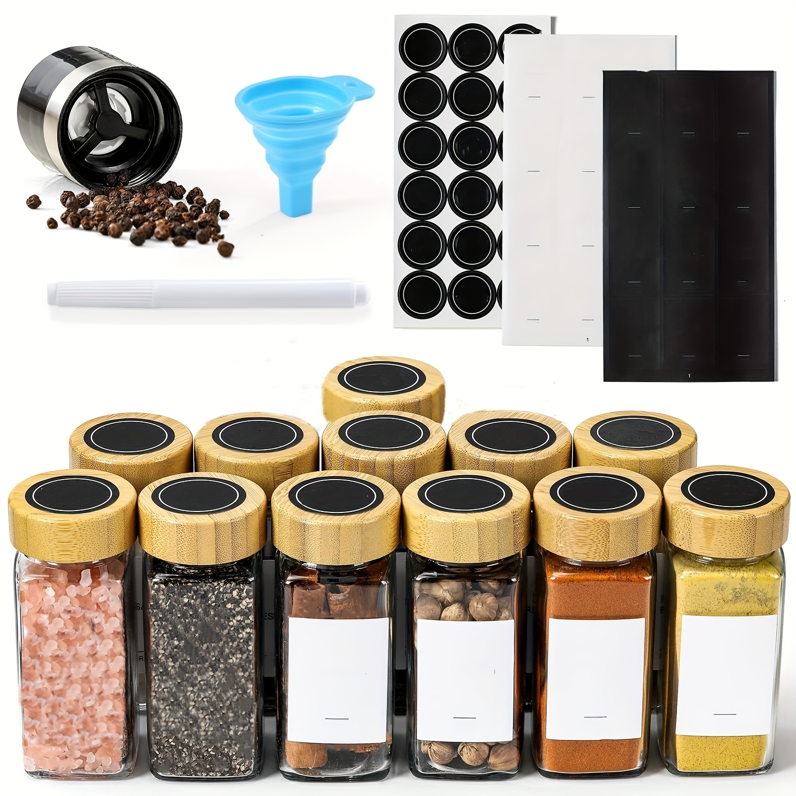 TEMU 12 Glass Spice Jars , Spice Jar Set With Bamboo Lids 4oz Seasoning Containers Spice Labels, Empty Spice Bottles, Kitchen Organization Storage For Cabinet Drawer