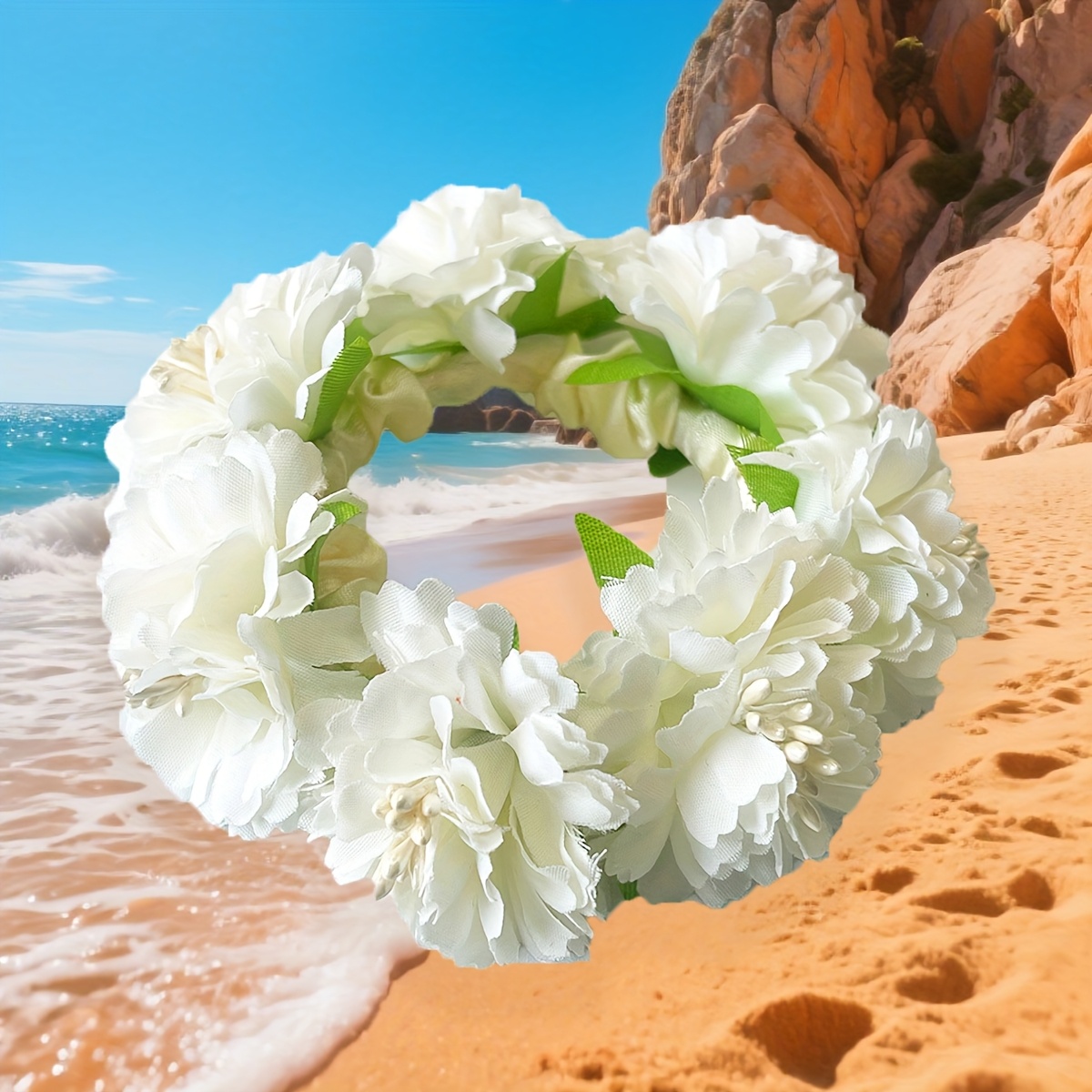 TEMU 1pc Bohemian Elegant Artificial Fabric Daisy Flower Hair Scrunchie - Vibrant Solid Color Hair & Wristband Accessory For Women, Perfect For