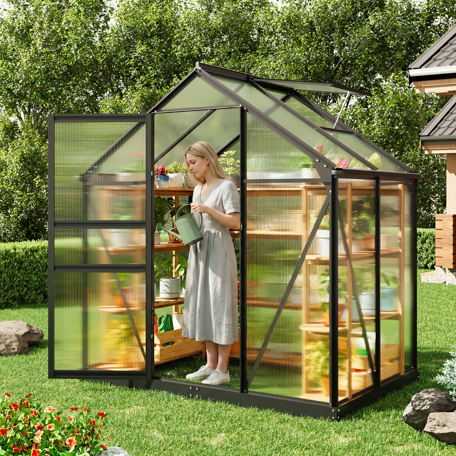 1pc outdoor greenhouse with roof ventilation walk in greenhouse made of polycarbonate panels and aluminum frame easy assembly with assembly tools 6x4ft for garden or backyard use