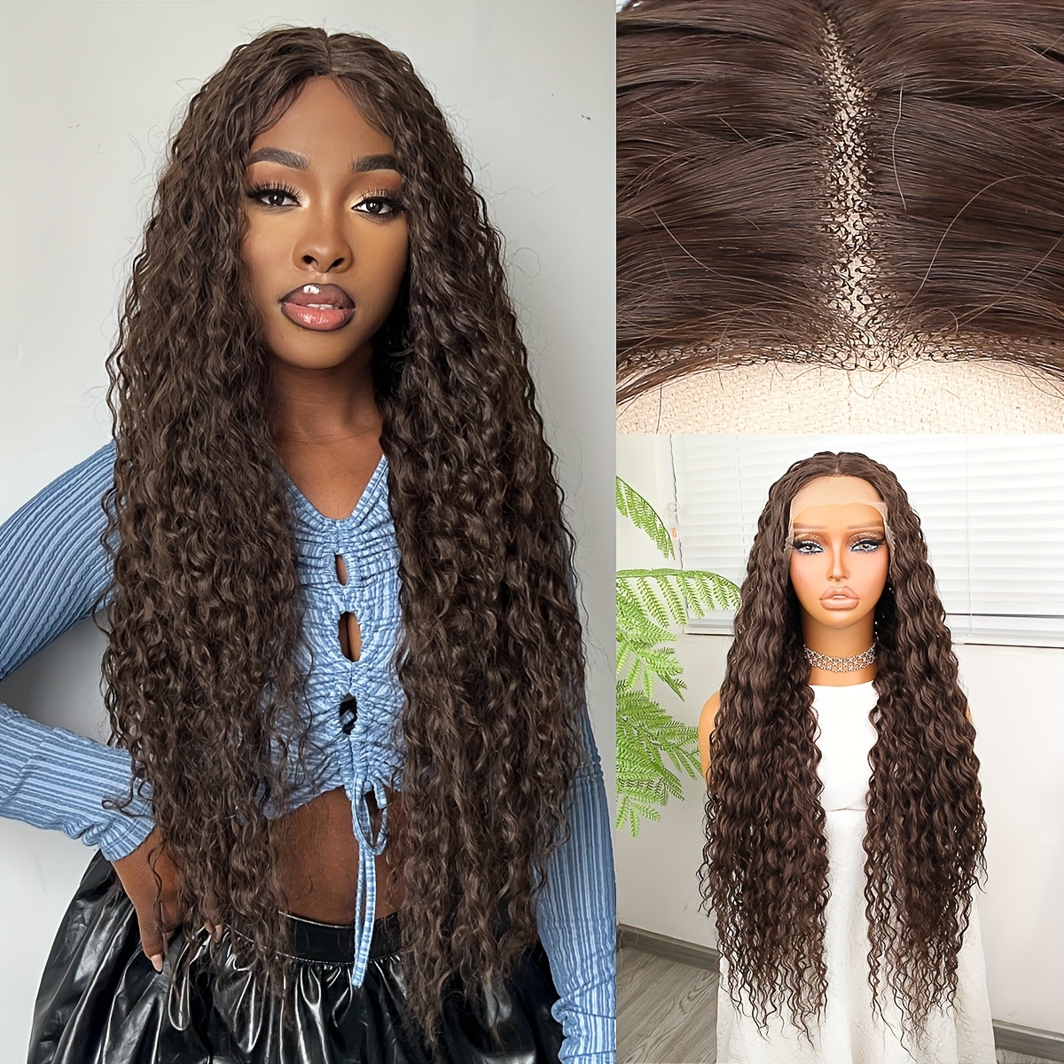 TEMU Halloween Costume Synthetic -resistant T-shaped Lace Wig 13*4.5* Long Small Wavy Curly Hair Brown 32 Inches Daily Use High-quality Synthetic Fiber Wig For Beginners