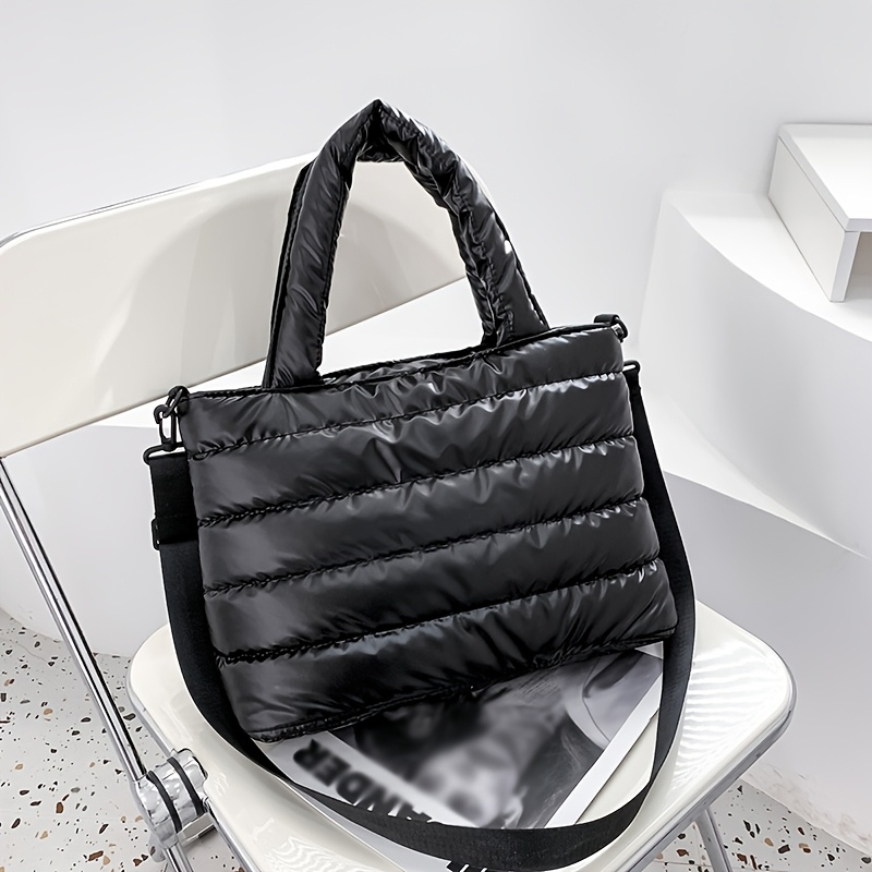 Ladies' Fashionable Down Tote Bag, Nylon Filled Crossbody Handbag, Casual Shoulder Bag, With Zipper Closure, Quilted Tote Bag, Hand Washable, In Black, White, Pink, Blue, Purple Colors