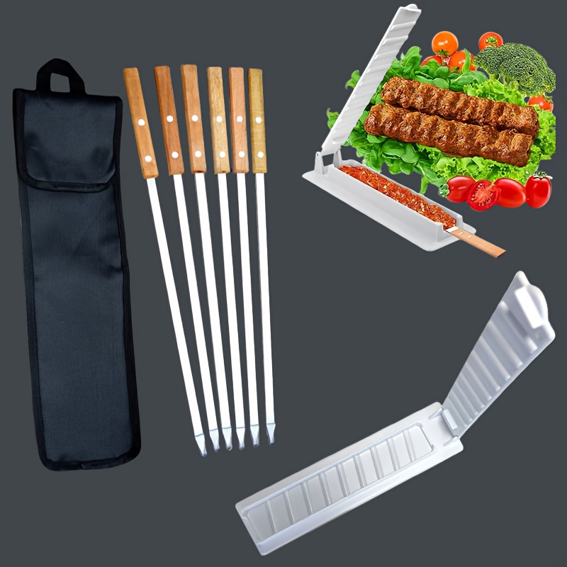 E-shop 6er-Set Edelstahl BBQ-Spieße + 1 Stück Fleischpressform, langstielige Grillspieße mit Holzgriffen und Aufbewahrungstaschen für Outdoor-Grillen