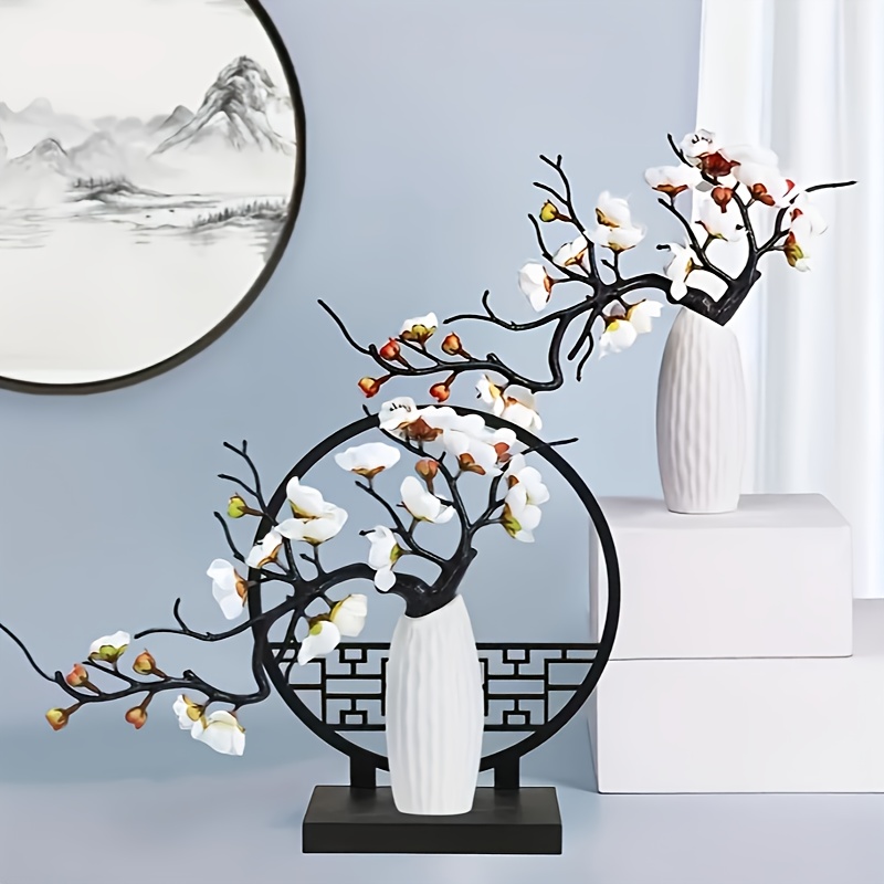 Image of 1 Set - Elegant Artificial Plum Potted Plant With Traditional Chinese Screen Base And Mini Ceramic Vase - Lifelike Red Flowers For Home Office Decor, Ideal For Holidays And Display, Flower Decorations