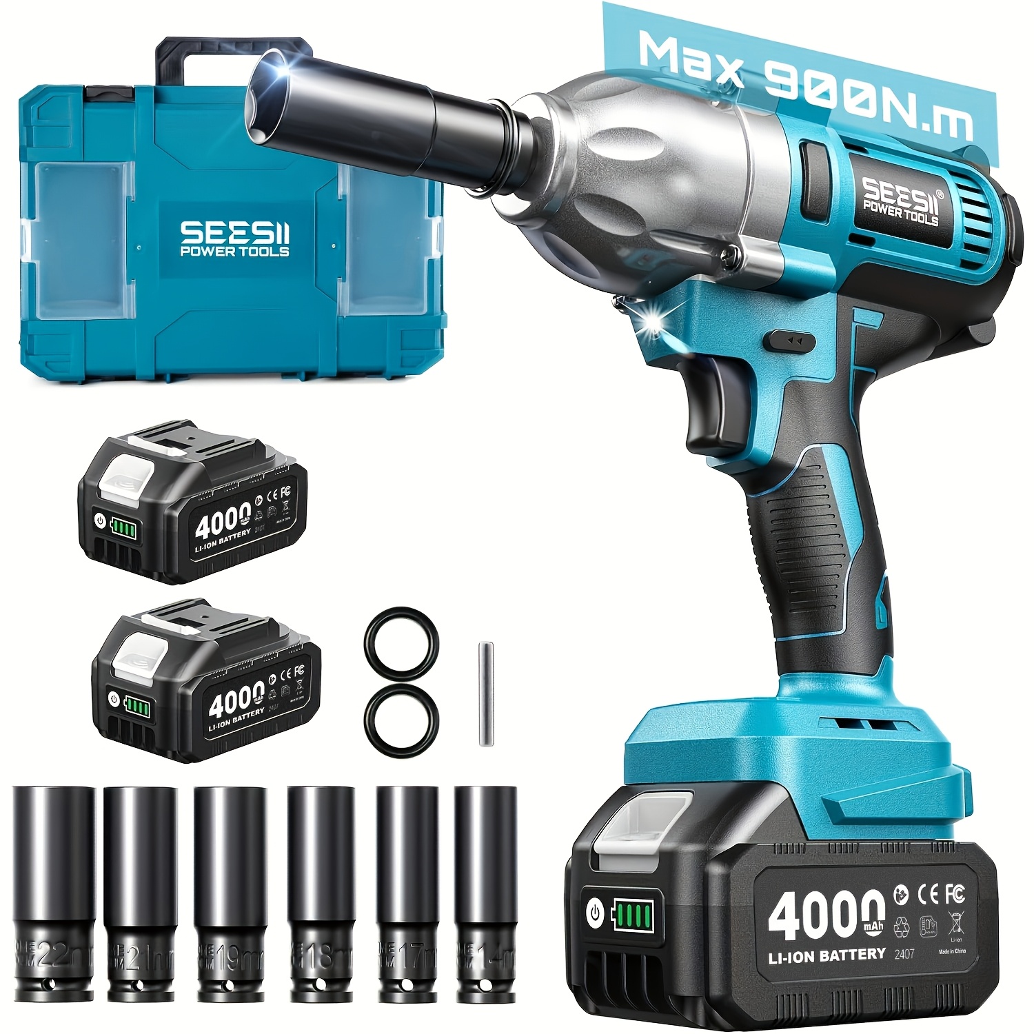 Image of Seesii Brushless Impact Wrench, 900n.m(665ft-lbs) Power Impact Gun 1/ 2 Inch, 2 × 4.0ah Batteries, 3300rpm Impact Wrench, Brushless Motor, 6 Sockets, Electric Impact Driver For Home Car Truck Mower