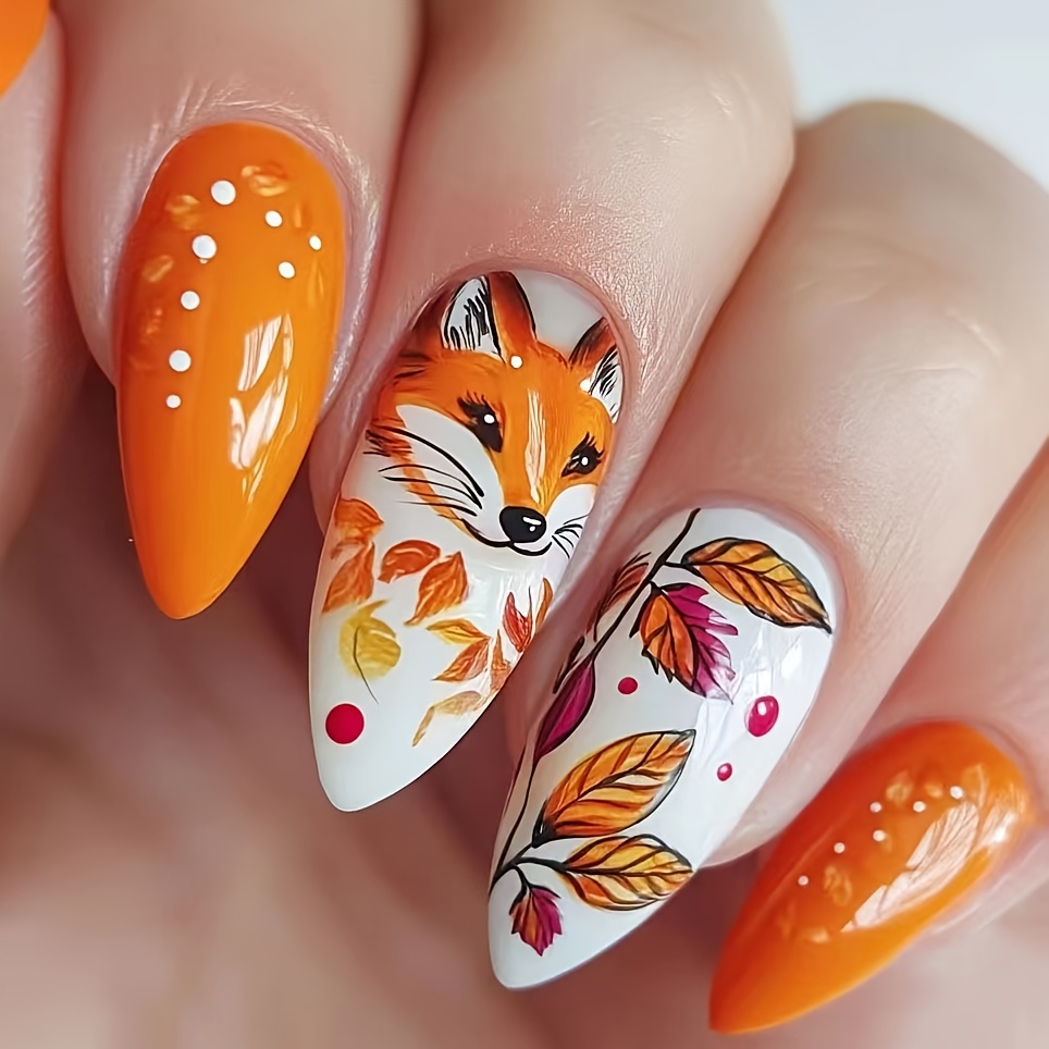 TEMU 24pcs Women's Orange Almond Shape Nail Art With Cute Fox And Autumn - Glossy Finish, Removable Press-on Nails For Long Lasting Manicure, Nail Art Design | Autumnal Theme | Glossy Finish Nails