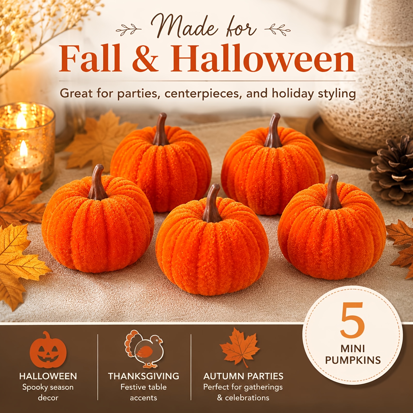 TEMU Set da 5 mini zucche artificiali - Zucche finte arancioni in flanella, adatte per decorazioni autunnali e di Halloween, scrivania, mensola e