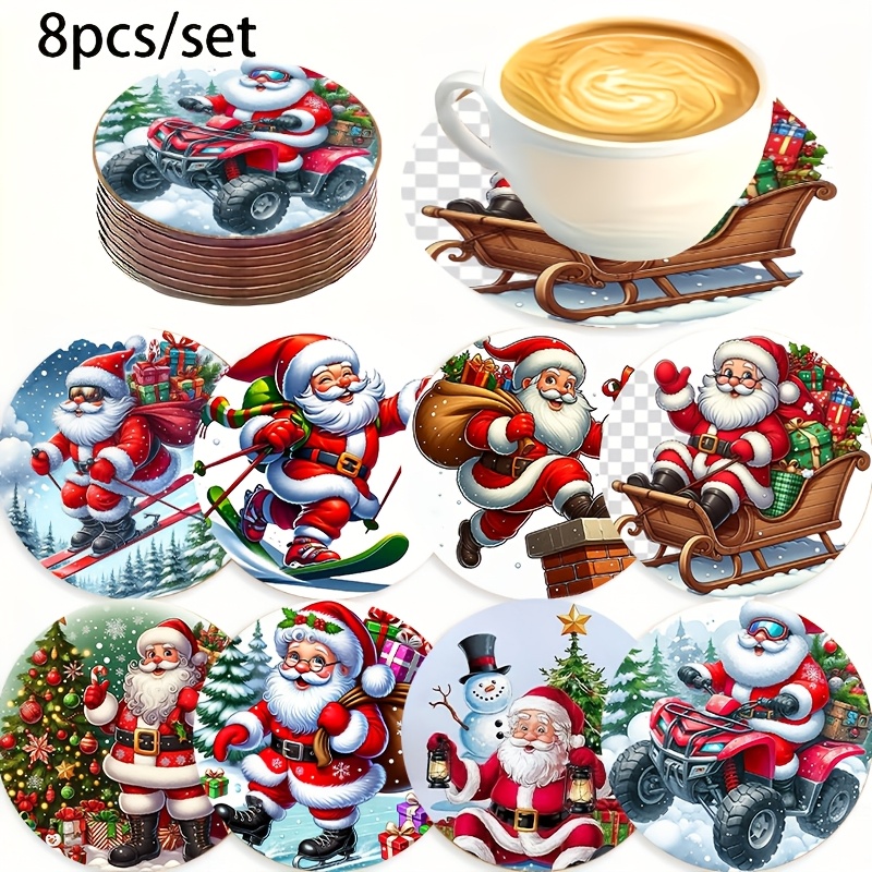 TEMU Santa Claus Themed Wooden Coaster 8pcs Set| Decoration| Holiday Table Decorations| Fashionable Drink Coasters| Ideal Gifts For Christmas And New