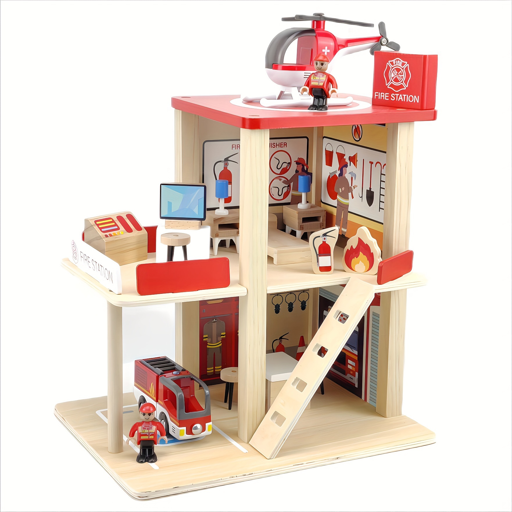 

Wooden Fire Station Playset, Multicolor 3-level Pretend Play Dollhouse With Figures, Truck, Helicopter And Accessories, Preschool Learning Educational Toys For Toddlers Kids Age 3 And Up