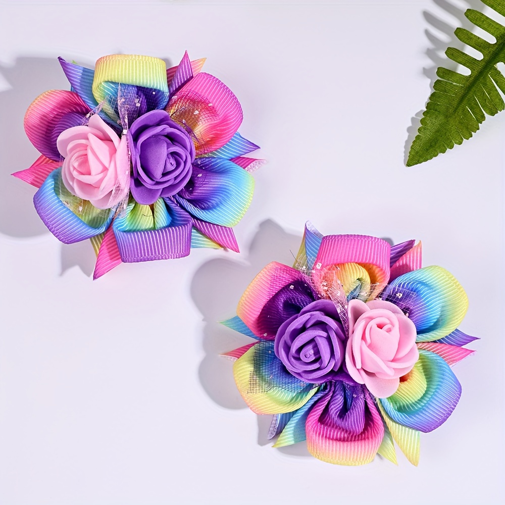 2pcs Rainbow Gradient Flower Hair Clips Foam Floral Decor Cute Grosgrain Ribbon Hair Clips Additions For For Gifts
