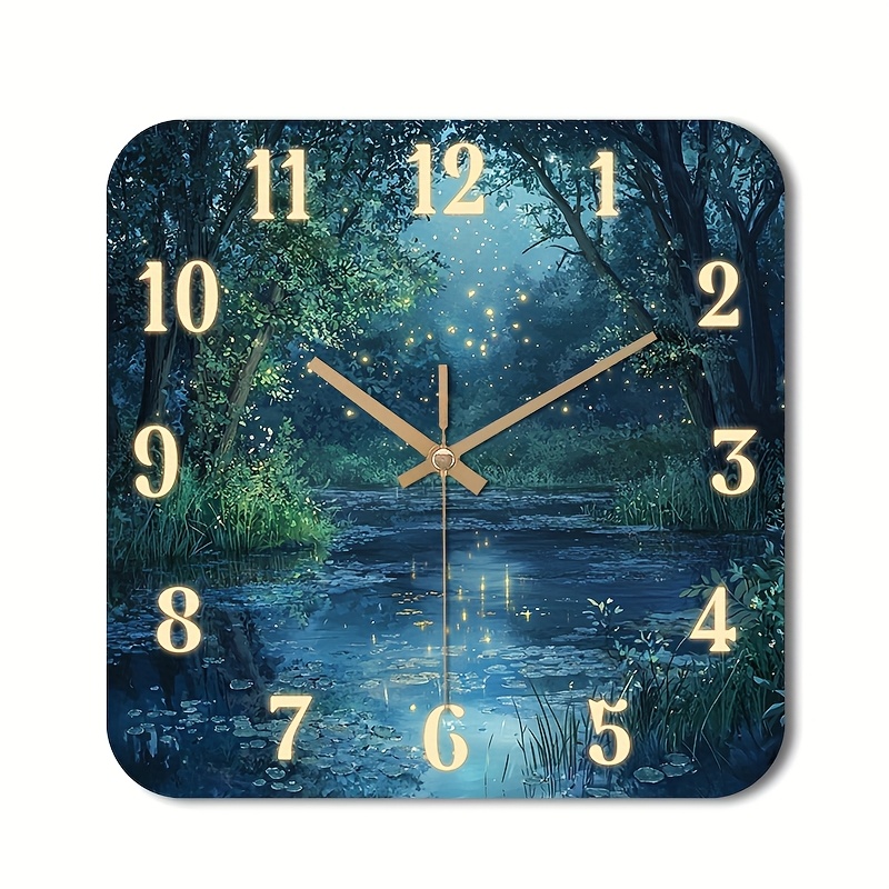 TEMU 1pc Of A Silent Wall Clock That Tick, Featuring A Decorative Square Design With A High-definition Glossy Lamination End Depicting An Forest Pond