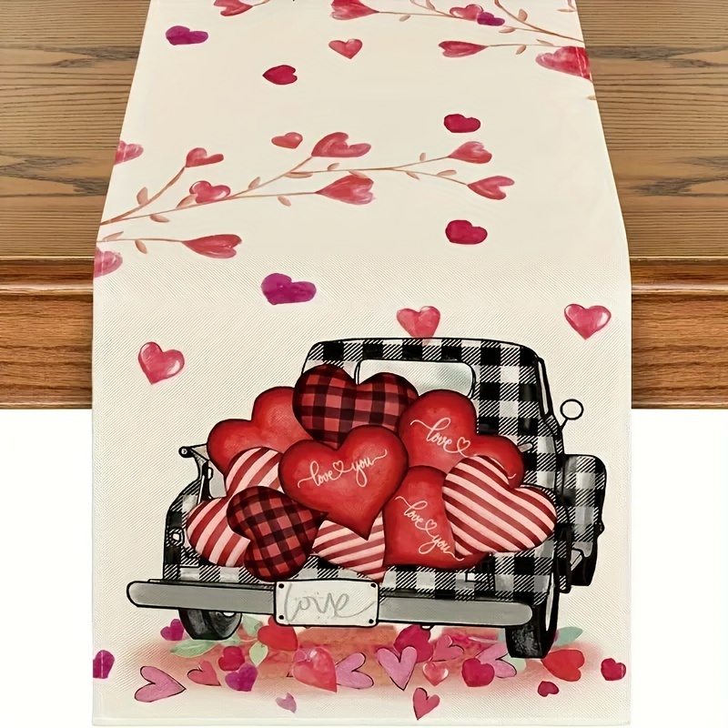 

1pc, 's Table Runner, & Heart Truck Design, Ideal For Anniversary, Wedding & Romantic Dinners, Seasonal Kitchen Decor, Outdoor Party & Indoor Room Decor, Polyester, Rectangular, Woven Cover