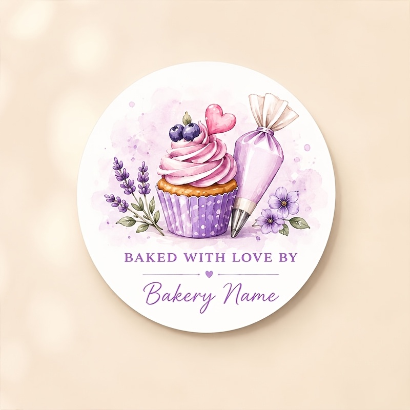 TEMU Personalized Round Bakery Stickers, Custom Labels With Name, Purple Cupcake Stickers For Dessert Boxes, Cookie Bags, Bakery Packaging, Party