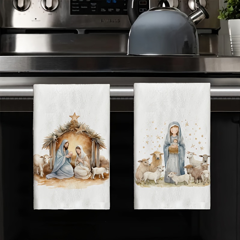 TEMU 2pcs Christmas Birthday Scene Kitchen Towels And Dishcloths, Farmhouse Style, Machine Washable, Cartoon Holiday Religious Decor, Home, Kitchen,