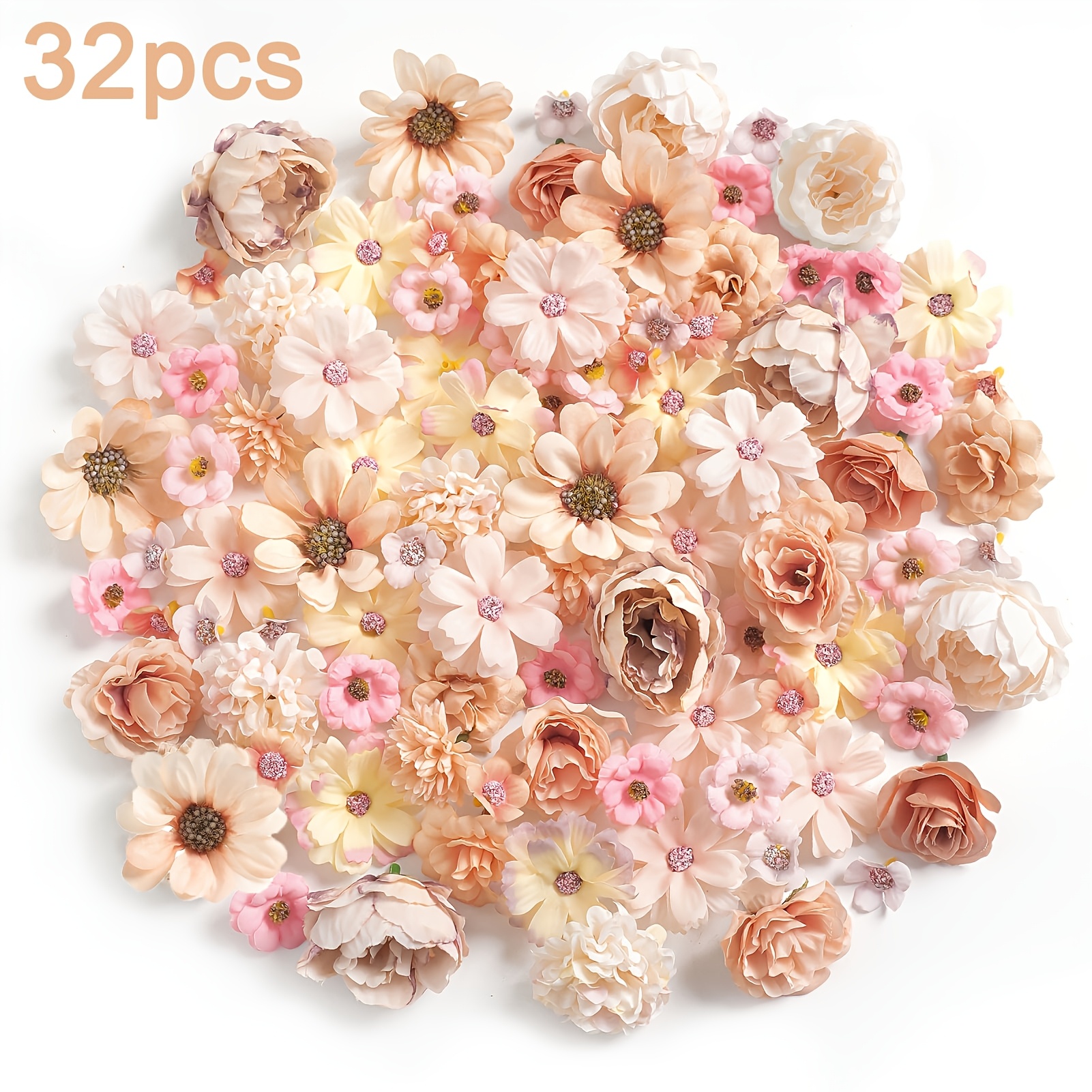 TEMU 32pcs Of Artificial Flower Heads In Nude Color, Including Faux Dahlia And Rose Flowers, Perfect For Crafts, Cake Decorations, Wreaths, Bouquets