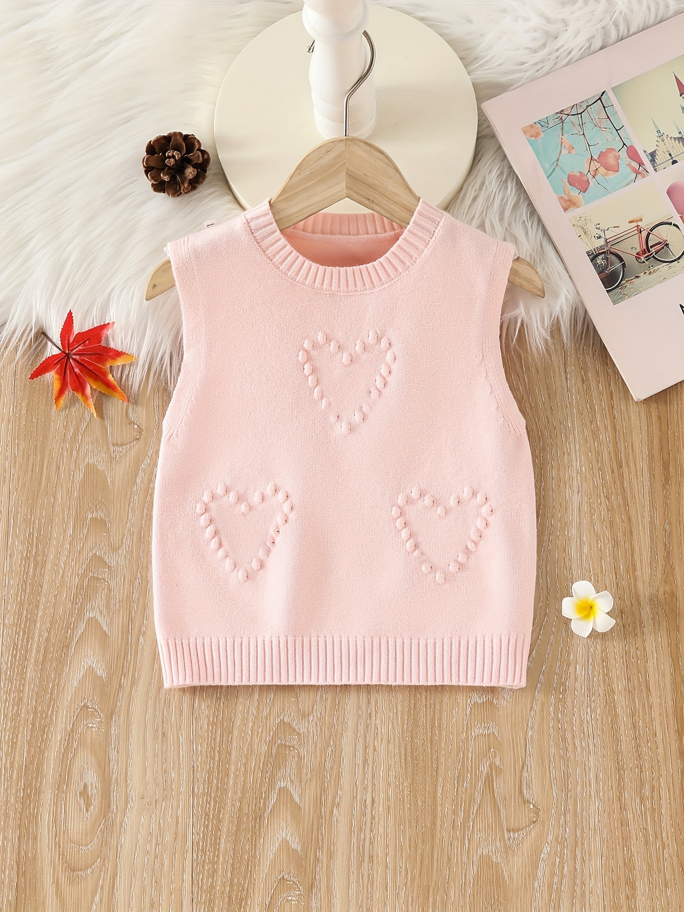 Pink Pastel Knit Vest Girls' Sleeveless Knit Cardigan With Heart