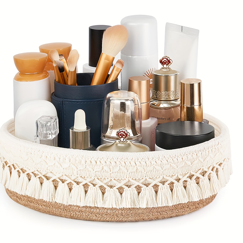 

1pc Simple Basket, Cosmetic Storage Basket, Cosmetic Display Basket, With Tassels, Multifunctional Rope Storage Box, For Home Decoration