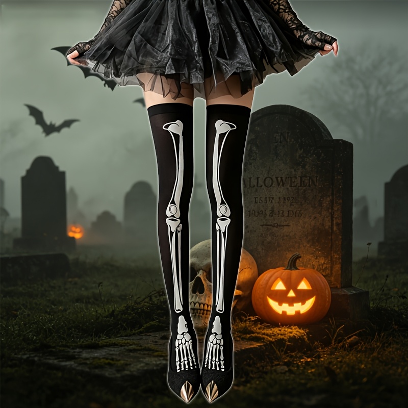 TEMU 1-pair Women' Gothic Knee-high Skeleton Stockings With Bone & Skull - Hand Washable Themed Cosplay Socks Suitable For Halloween Parties, Themed
