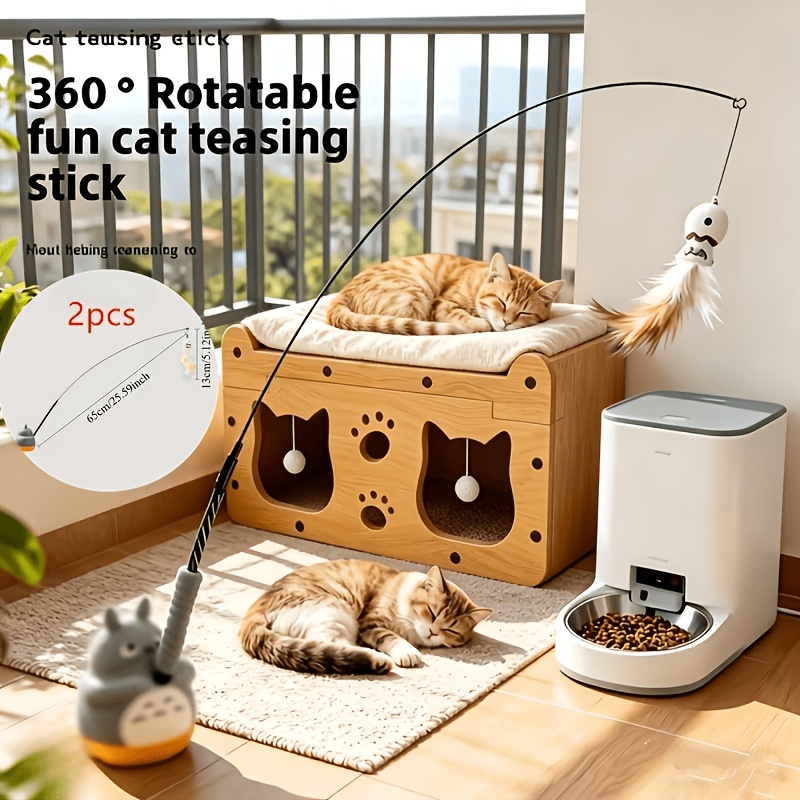TEMU 360度回転 猫用じゃらし竿 風エフェクト付き 猫の退屈解消に最適なソリューション 固定モードと手持ちモード両用 猫好きの方へのギフトに最適 は合成素材製
