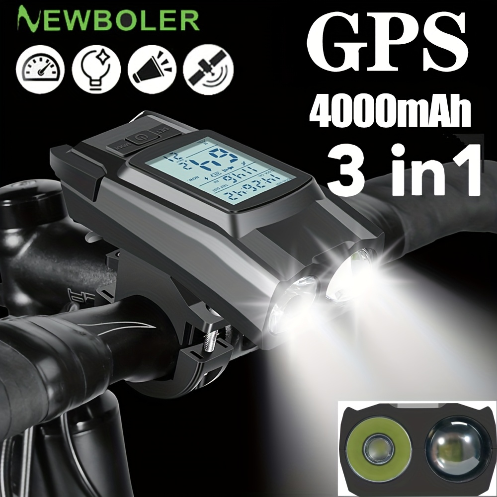 Udstyret med GPS cykellygter, multifunktionelle cykellys med speedometer, odometer og horn, 4 lystilstande, ultra lys USB genopladeligt cykellys batterikapacitet 4000mAh