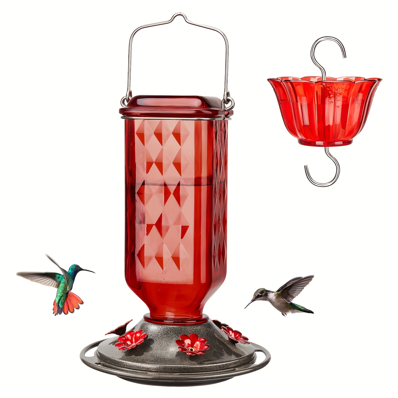 

Kingsyard Glass Hummingbird Feeder For Outdoor Hanging, 24 Ounces, 6 Feeding Ports, Bird Feeder For Garden Decor, Ant Moat Included