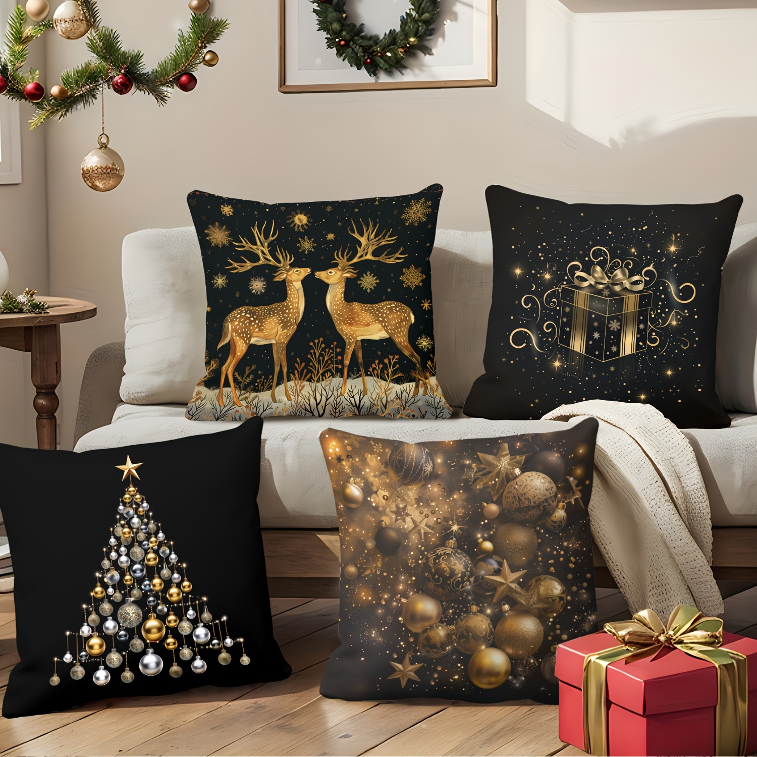 

Set Of 4 Contemporary Christmas Throw Pillow Covers, 18x18 Inch Decorative Cushion Cases With Golden Trees And Reindeer Print, Polyester Zippered Pillowcases, Hand Wash, For Living Room And Home Decor