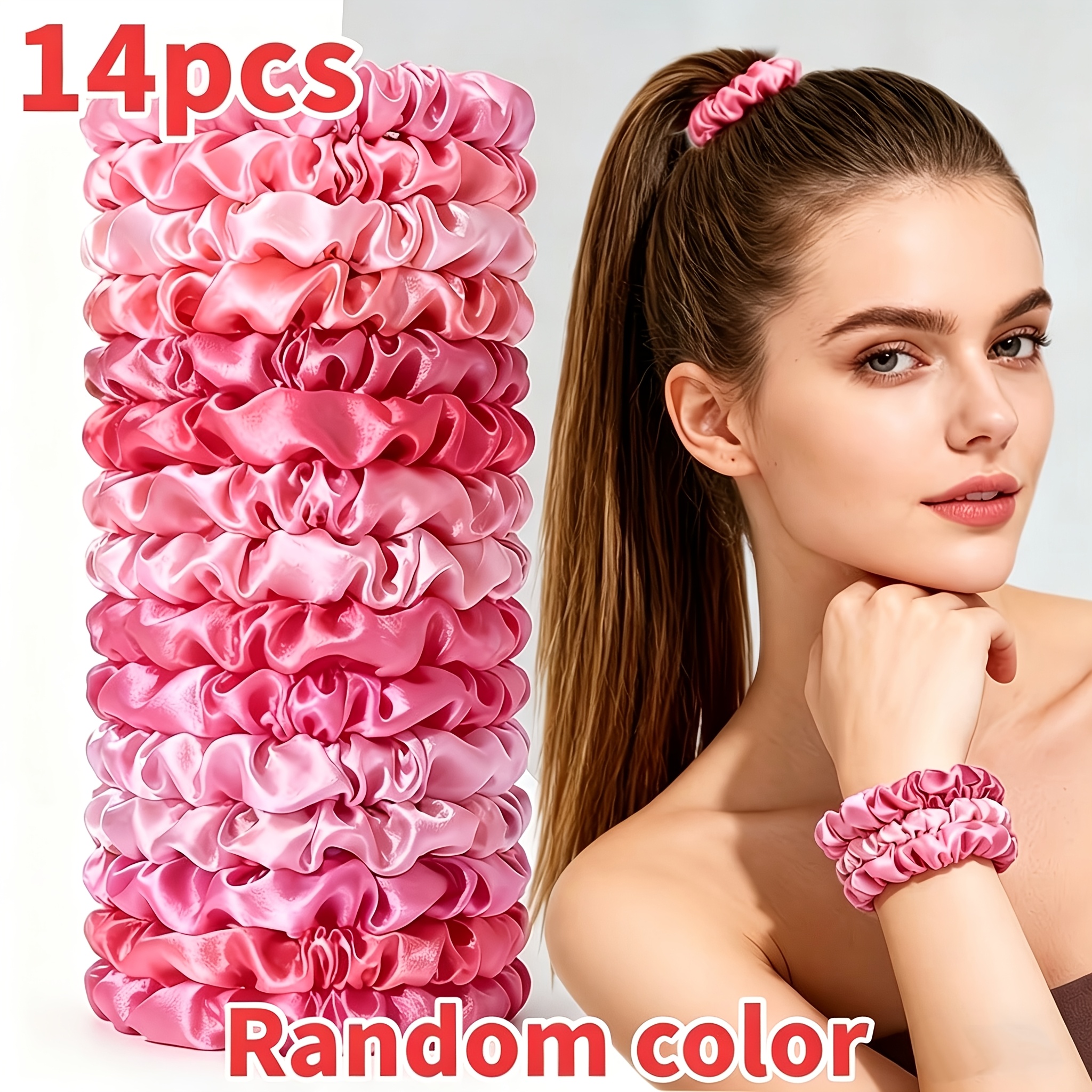 E-shop 14-teiliges Set Satin-Haargummis in zufälligen Farben der schlichten süßen Rosa-Serie für alltägliche, vielseitige hohe Pferdeschwanz-