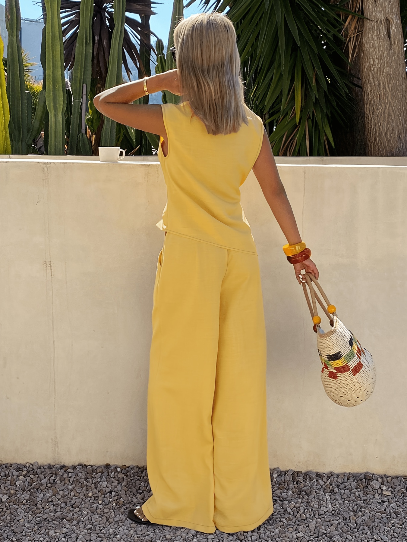 damen-set, 2-teilig, top mit seitlicher taillenbinde & hose mit weitem bein,   für alltagsoutfits