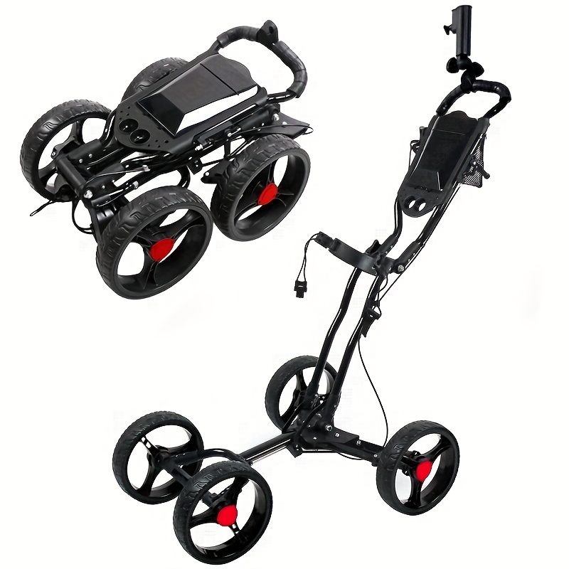 item picture golf bag carts in black and white featuring a portable folding design with an aluminum frame large four wheel carts that are durable for use  